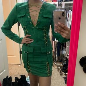 Green suede lace up mini dress